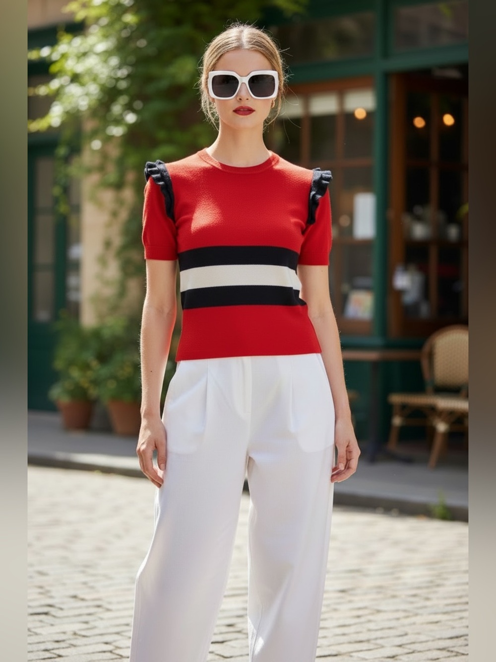 Gucci Red Short-Sleeve Knit Top with Black & White Stripes